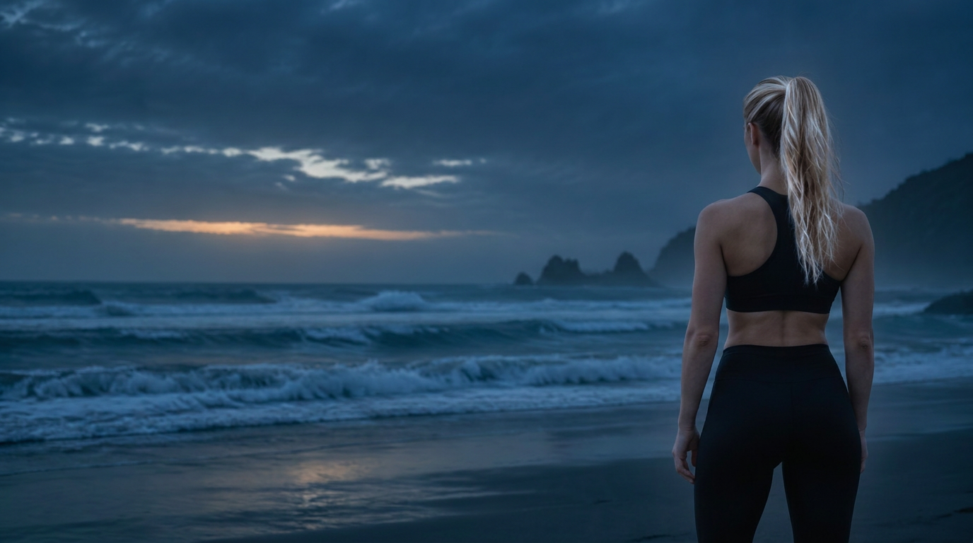 Blonde woman facing the ocean at dusk